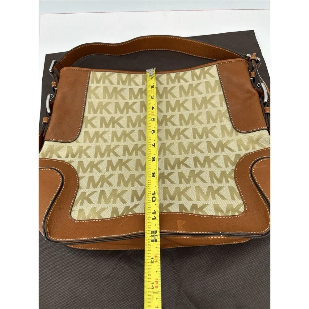 Michael Kors Brookville Large Shoulder Bag MK Logo Jacquard Beige Brown